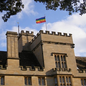 The rainbow flag flying above 17th century Wadham College (Photo: Ross Brooks)