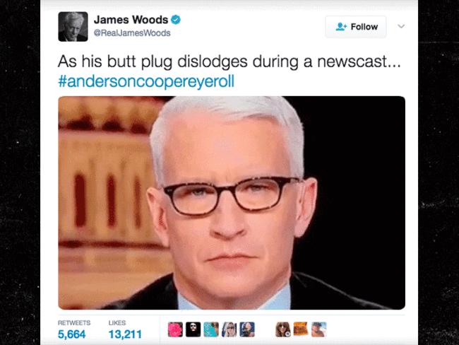 Gif of Anderson Cooper rolling his eyes with the words 'As his butt plug dislodges during a newscast...'