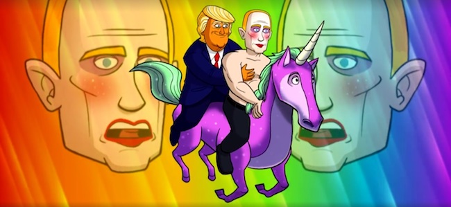Graphic of Trump and Putin riding a unicorn