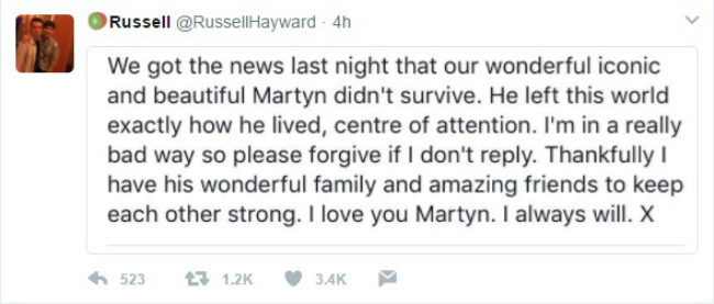 Russell Hayward's tweet in memory of his boyfriend Martyn Hett