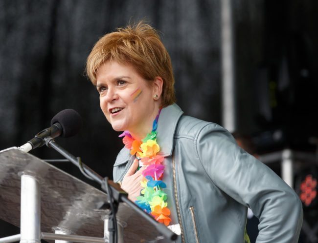 GLASGOW, SCOTLAND - AUGUST 19: First Minister Nicola Sturgeon addresses the assembled crowd at Glasgow Pride on August 19, 2017 in Glasgow, Scotland. The largest festival of LGBTI celebration in Scotland is held every year in Glasgow since 1996.  (Photo by Robert Perry/Getty Images)