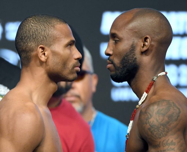 LAS VEGAS, NV - AUGUST 25:  Boxers Thomas Dulorme (L) and Yordenis Ugas face off during their official weigh-in at T-Mobile Arena on August 25, 2017 in Las Vegas, Nevada. The two will meet in a welterweight bout at T-Mobile Arena on August 26.  (Photo by Ethan Miller/Getty Images)