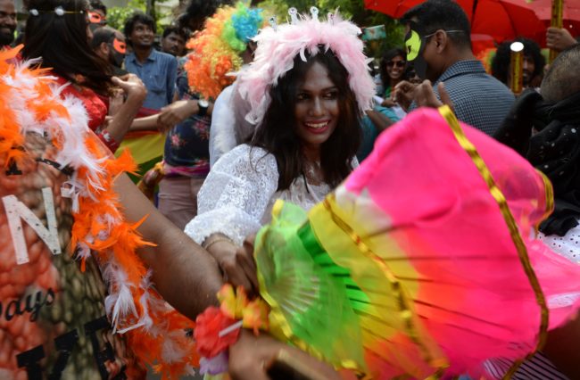 Indian members of the LGBT (Lesbian, Gay, Bisexual, Transgender) community take part in a pride parade, calling for freedom from discrimination on the grounds of sexual orientation, in Chennai on June 25, 2017. / AFP PHOTO / ARUN SANKAR (Photo credit should read ARUN SANKAR/AFP/Getty Images)