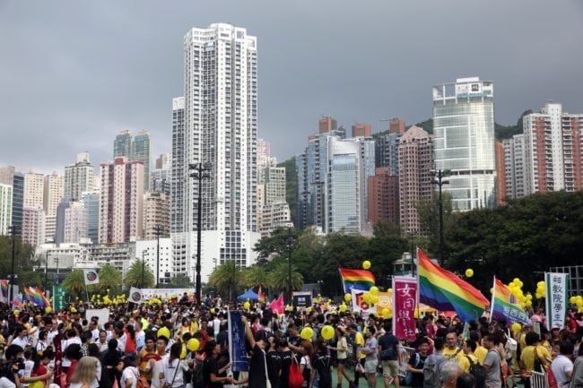 A LGBT parade takes place in Hong Kong.