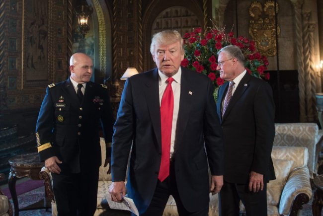 US President Donald Trump (C) walks away after naming US Army Lieutenant General H.R. McMaster (L) as his national security adviser and Keith Kellogg (R) as McMaster's chief of staff at his Mar-a-Lago resort in Palm Beach, Florida, on February 20, 2017. / AFP / NICHOLAS KAMM (Photo credit should read NICHOLAS KAMM/AFP/Getty Images)