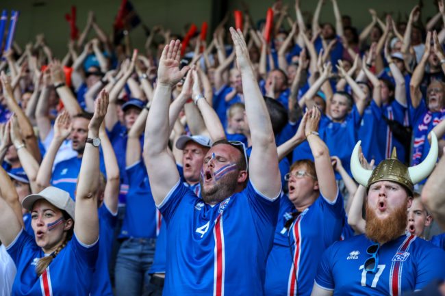 DOETINCHEM, NETHERLANDS - JULY 22: Fans of Iceland celebrate during the UEFA Women's Euro 2017 Group C match between Iceland and Switzerland at Stadion De Vijverberg on July 22, 2017 in Doetinchem, Netherlands. (Photo by Maja Hitij/Getty Images)