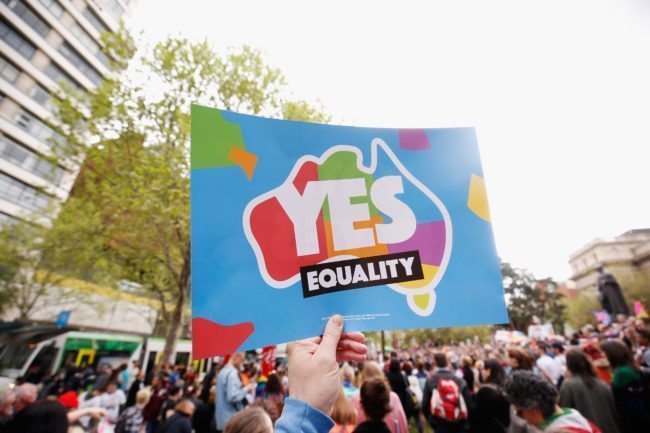 MELBOURNE, AUSTRALIA - OCTOBER 01:  Thousands of people gather in support of same sex mariage on October 1, 2017 in Melbourne, Australia. Australians are currently taking part in the Marriage Law Postal Survey, which is asking whether the law should be changed to allow same-sex marriage. The outcome of the survey is expected to be announced on 15 November.  (Photo by Darrian Traynor/Getty Images)