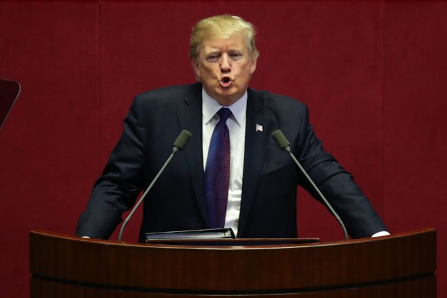 SEOUL, SOUTH KOREA - NOVEMBER 08: U.S. President Donald Trump speaks at the National Assembly on November 8, 2017 in Seoul, South Korea. Trump is in South Korea as a part of his Asian tour. (Photo by Chung Sung-Jun/Getty Images)