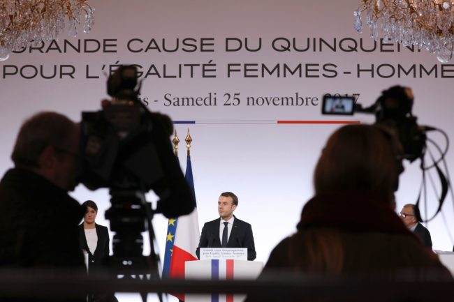 French President Emmanuel Macron delivers a speech during the International Day for the Elimination of Violence Against Women, on November 25, 2017 at the Elysee Palace in Paris. / AFP PHOTO / POOL / ludovic MARIN        (Photo credit should read LUDOVIC MARIN/AFP/Getty Images)