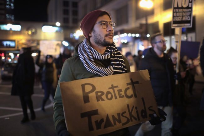 CHICAGO, IL - MARCH 03: Demonstrators protest for transgender rights with a rally, march through the Loop and a candlelight vigil to remember transgender friends lost to murder and suicide on March 3, 2017 in Chicago, Illinois. The demonstration was sparked by President Donald Trumps recent decision to reverse the Obama-era policy requiring public schools to allow transgender students to use the bathroom that corresponds with their gender identity. (Photo by Scott Olson/Getty Images)