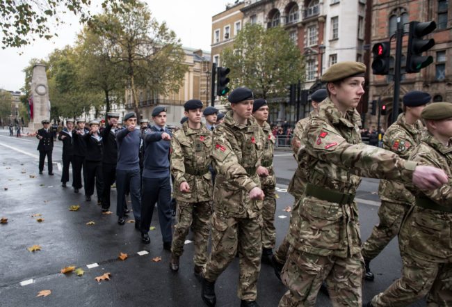 Army, navy and RAF cadets march away after the Western Front Association's (WFA) annual service of remembrance  on Armistice Day, at the Cenotaph in central London on November 11, 2017.  / AFP PHOTO / CHRIS J RATCLIFFE        (Photo credit should read CHRIS J RATCLIFFE/AFP/Getty Images)