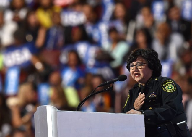 Dallas Sheriff Lupe Valdez addresses delegates on the fourth and final day of the Democratic National Convention at Wells Fargo Center on July 28, 2016 in Philadelphia, Pennsylvania.   / AFP / Nicholas Kamm        (Photo credit should read NICHOLAS KAMM/AFP/Getty Images)