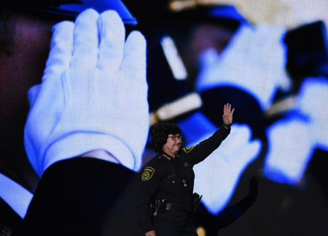 Dallas Sheriff Lupe Valdez arrives on stage to address delegates on the fourth and final day of the Democratic National Convention at Wells Fargo Center on July 28, 2016 in Philadelphia, Pennsylvania.   / AFP / SAUL LOEB        (Photo credit should read SAUL LOEB/AFP/Getty Images)