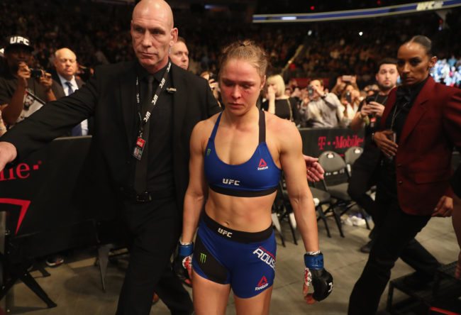 LAS VEGAS, NV - DECEMBER 30: Ronda Rousey exits the Octagon after her loss to Amanda Nunes of Brazil in their UFC women's bantamweight championship bout during the UFC 207 event on December 30, 2016 in Las Vegas, Nevada. (Photo by Christian Petersen/Getty Images)