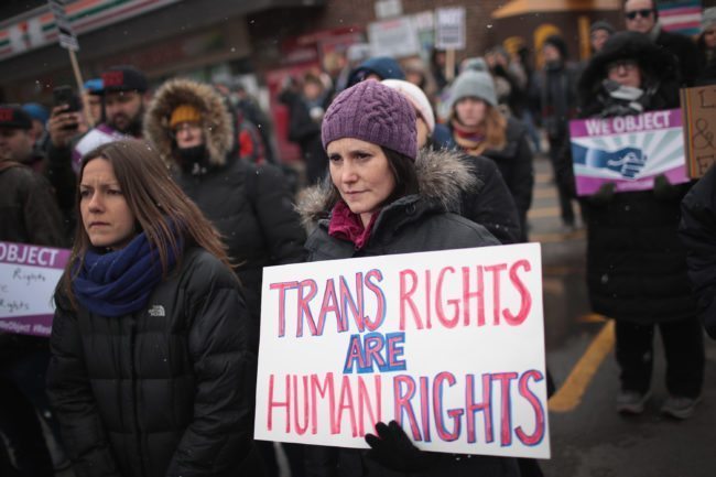 CHICAGO, IL - FEBRUARY 25: Demonstrators protest for transgender rights on February 25, 2017 in Chicago, Illinois. The demonstrators were angry with President Donald Trump's recent decision to reverse the Obama-era policy requiring public schools to allow transgender students to use the bathroom that corresponds with their gender identity. (Photo by Scott Olson/Getty Images)