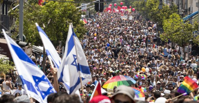 Participants take part in the annual Gay Pride parade in the Israeli city of Tel Aviv, on June 9, 2017.  Tens of thousands of revellers from Israel and abroad packed the streets of Tel Aviv for the city's annual Gay Pride march, billed as the Middle East's biggest. / AFP PHOTO / JACK GUEZ        (Photo credit should read JACK GUEZ/AFP/Getty Images)
