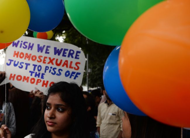 An Indian supporter of the lesbian, gay, bisexual, transgender (LGBT) community takes part in a pride parade in New Delhi on November 12, 2017. Hundreds of members of the LGBT community marched through the Indian capital for the 10th annual Delhi Queer Pride Parade. / AFP PHOTO / SAJJAD HUSSAIN        (Photo credit should read SAJJAD HUSSAIN/AFP/Getty Images)