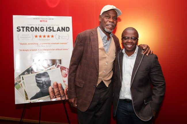 SAN FRANCISCO, CA - NOVEMBER 14:  Executive Producer Danny Glover and Director Yance Ford pose for a photo at a special screening of "Strong Island" at Landmark Embarcadero on November 14, 2017 in San Francisco, California.  (Photo by Kelly Sullivan/Getty Images for Netflix)