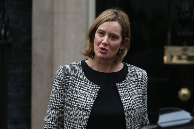 Britain's Home Secretary Amber Rudd leaves 10 Downing street in London on January 8, 2018. British Prime Minister Theresa May began a major reshuffle of her cabinet by replacing the chairman of her Conservative Party, ahead of more ministerial changes expected later today. / AFP PHOTO / Daniel LEAL-OLIVAS (Photo credit should read DANIEL LEAL-OLIVAS/AFP/Getty Images)