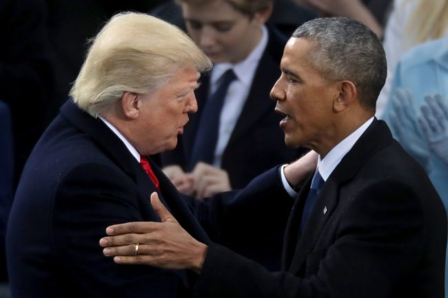 WASHINGTON, DC - JANUARY 20:  Former U.S. President Barack Obama (R) congratulates U.S. President Donald Trump after he took the oath of office on the West Front of the U.S. Capitol on January 20, 2017 in Washington, DC. In today's inauguration ceremony Donald J. Trump becomes the 45th president of the United States.  (Photo by Chip Somodevilla/Getty Images)
