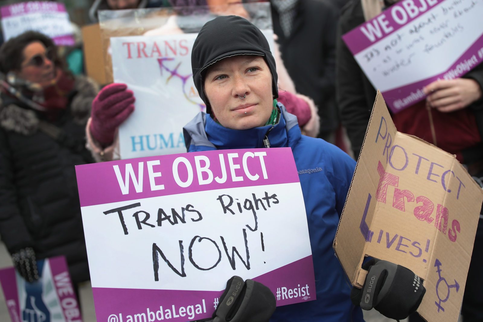 CHICAGO, IL - FEBRUARY 25: Demonstrators protest for transgender rights on February 25, 2017 in Chicago, Illinois. The demonstrators were angry with President Donald Trumps recent decision to reverse the Obama-era policy requiring public schools to allow transgender students to use the bathroom that corresponds with their gender identity. (Photo by Scott Olson/Getty Images)