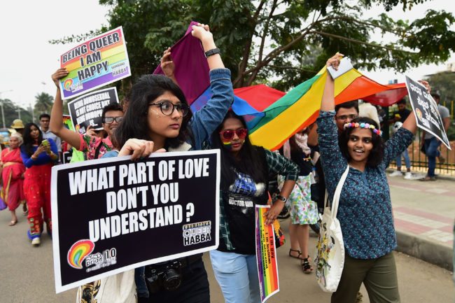 Indian LGBT rights activists take part in the Bengaluru Gay Pride March 2017 in Bangalore on November 26, 2017. / AFP PHOTO / Manjunath KIRAN        (Photo credit should read MANJUNATH KIRAN/AFP/Getty Images)