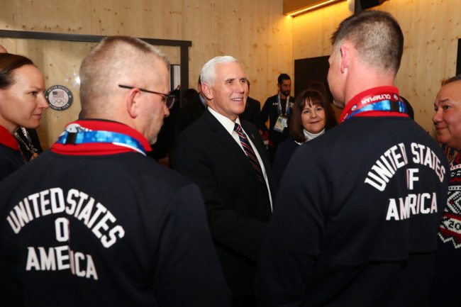 PYEONGCHANG-GUN, SOUTH KOREA - FEBRUARY 09: Vice President Mike Pence and wife Karen visit with guests at the USA House at the PyeongChang 2018 Winter Olympic Games on February 9, 2018 in Pyeongchang-gun, South Korea. (Photo by Joe Scarnici/Getty Images for USOC)