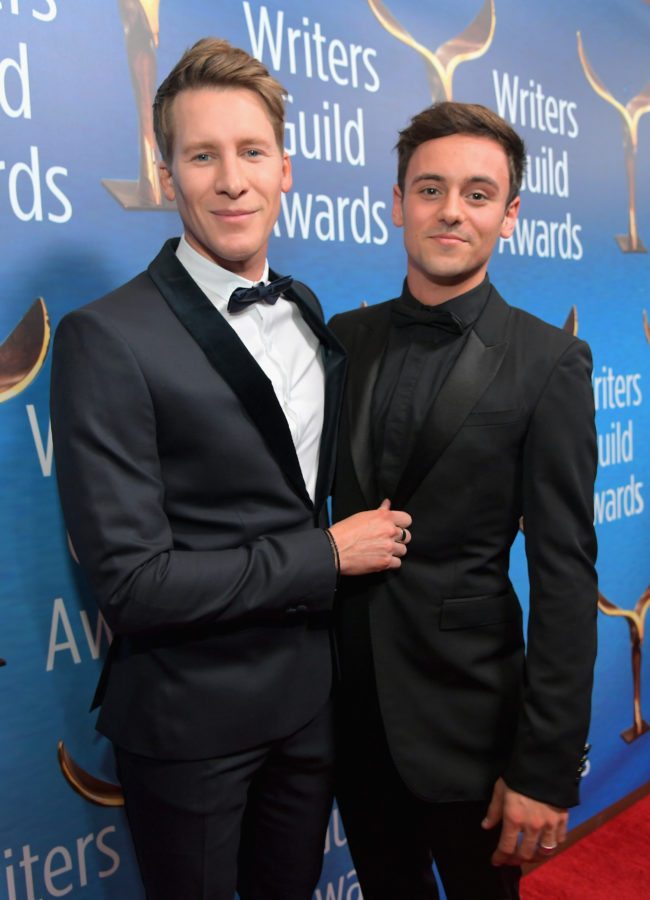 BEVERLY HILLS, CA - FEBRUARY 11: Writer Dustin Lance Black (L) and Tom Daley attend the 2018 Writers Guild Awards L.A. Ceremony at The Beverly Hilton Hotel on February 11, 2018 in Beverly Hills, California. (Photo by Charley Gallay/Getty Images for 2018 Writers Guild Awards L.A. Ceremony )