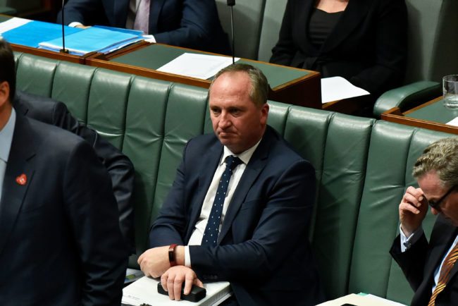 CANBERRA, AUSTRALIA - FEBRUARY 14: Barnaby Joyce, the Deputy Prime Minister, during Question Time on February 14, 2018 in Canberra, Australia. Mr Joyce announced last week that he had separated from his wife and was expecting a child with his former media adviser Vikki Campion. Since then, speculation has mounted that the National Party leader may have to resign as Deputy Prime Minister. (Photo by Michael Masters/Getty Images)