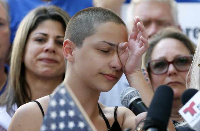 Marjory Stoneman Douglas High School student Emma Gonzalez speaks at a rally for gun control at the Broward County Federal Courthouse in Fort Lauderdale, Florida on February 17, 2018.  Seventeen perished and more than a dozen were wounded in the hail of bullets at Marjory Stoneman Douglas High School in Parkland,Florida the latest mass shooting to devastate a small US community and renew calls for gun control. / AFP PHOTO / RHONA WISE        (Photo credit should read RHONA WISE/AFP/Getty Images)