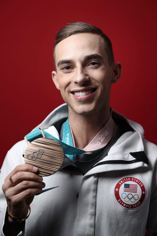 GANGNEUNG, SOUTH KOREA - FEBRUARY 17: (BROADCAST-OUT) United States Men's Figure Skater Adam Rippon poses for a portrait with his Bronze medal for the team event on the Today Show Set on February 17, 2018 in Gangneung, South Korea. (Photo by Marianna Massey/Getty Images)