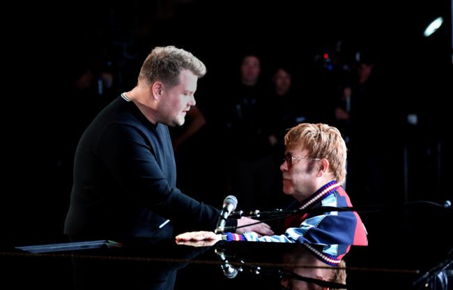 NEW YORK, NY - JANUARY 25:  Host James Corden (L) and musician Elton John speak onstage for the 60th Annual GRAMMY Awards at Madison Square Garden on January 25, 2018 in New York City.  (Photo by Kevin Winter/Getty Images for NARAS)