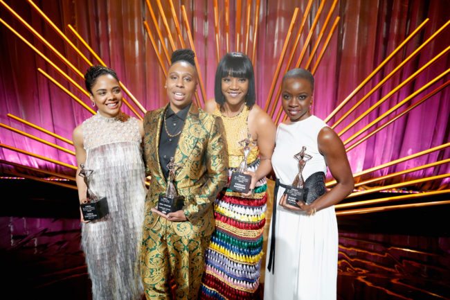 BEVERLY HILLS, CA - MARCH 01: (L-R) Honorees Tessa Thompson, Lena Waithe, Tiffany Haddish and Danai Gurira onstage during the 2018 Essence Black Women In Hollywood Oscars Luncheon at Regent Beverly Wilshire Hotel on March 1, 2018 in Beverly Hills, California. (Photo by Randy Shropshire/Getty Images for Essence )