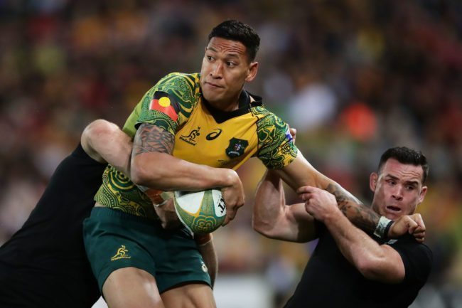 BRISBANE, AUSTRALIA - OCTOBER 21: Israel Folau of the Wallabies is tackled by Ryan Crotty of the All Blacks during the Bledisloe Cup match between the Australian Wallabies and the New Zealand All Blacks at Suncorp Stadium on October 21, 2017 in Brisbane, Australia. (Photo by Matt King/Getty Images)