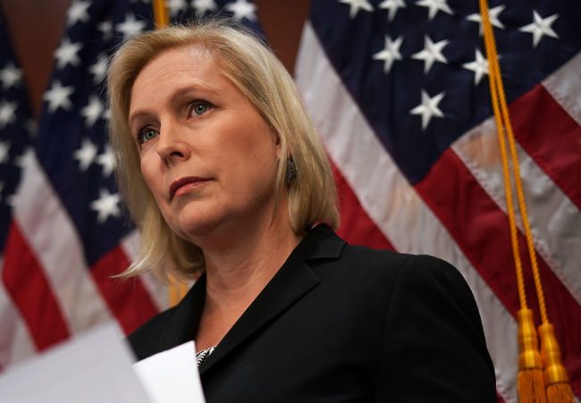 WASHINGTON, DC - DECEMBER 12:  U.S. Sen. Kirsten Gillibrand (D-NY) listens during a news conference December 12, 2017 on Capitol Hill in Washington, DC. The lawmaker held a news conference to discuss "the Stop Underrides Act of 2017," legislation designed to prevent deadly truck underride crashes, which occur when a car "slides under the body of a large truck, such as a semi-trailer, during an accident."  (Photo by Alex Wong/Getty Images)