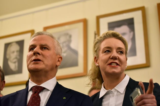 CANBERRA, AUSTRALIA - FEBRUARY 26: Michael McCormack (left) is elected as the Leader of The Nationals, and will become the Deputy Prime Minister of Australia on February 26, 2018 in Canberra, Australia. He is standing next to the Deputy Leader of the Nationals Bridget McKenzie (right). Former National Party leader Barnaby Joyce resigned from the position last week after it was revealed he had separated from his wife and was expecting a child with his former media adviser Vikki Campion. (Photo by Michael Masters/Getty Images)