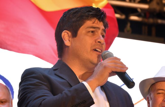 Presidential candidate of Costa Rica's governing Citizen Action Party (PAC), Carlos Alvarado, celebrates victory  in San Jose on April 01, 2018. Carlos Alvarado, the candidate for Costa Rica's center-left ruling party, is to become his country's next president after an election run-off Sunday against an evangelical preacher, according a near-complete vote count by electoral authorities. Alvarado, a 38-year-old former labor minister, won 60.66 percent of the ballots, against 39.33 percent for his ultra-conservative rival, Fabricio Alvarado (no relation), the Supreme Electoral Tribunal said, based on returns from more than 90 percent of polling stations.  / AFP PHOTO / Ezequiel BECERRA        (Photo credit should read EZEQUIEL BECERRA/AFP/Getty Images)
