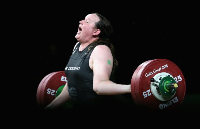 GOLD COAST, AUSTRALIA - APRIL 09: Laurel Hubbard of New Zealand fails to lift leading to an injury in the Women's 90kg Final during Weightlifting on day five of the Gold Coast 2018 Commonwealth Games at Carrara Sports and Leisure Centre on April 9, 2018 on the Gold Coast, Australia. (Photo by Alex Pantling/Getty Images)