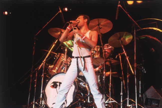 5th June 1982: Freddie Mercury (1946 - 1991), lead singer of 70s hard rock quartet Queen, in concert in Milton Keynes. (Photo by Hulton Archive/Getty Images)