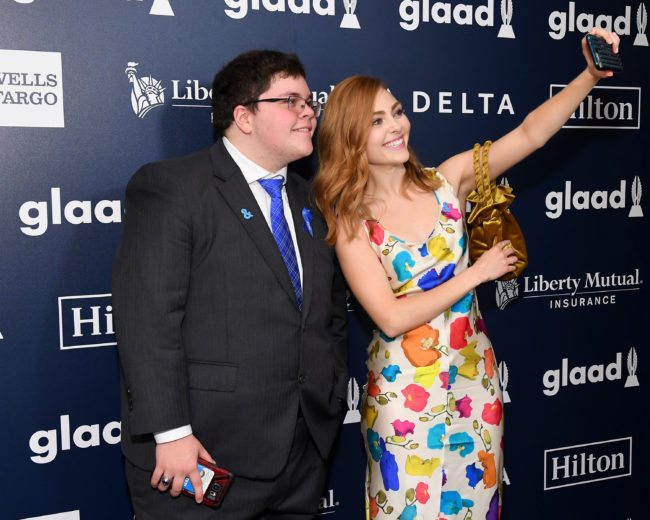 NEW YORK, NY - MAY 06: Presenter Gavin Grimm and AnnaSophia Robb pose for a selfie at the 28th Annual GLAAD Media Awards at The Hilton Midtown on May 6, 2017 in New York City. (Photo by Dia Dipasupil/Getty Images for GLAAD)
