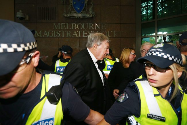 MELBOURNE, AUSTRALIA - MAY 01: Cardinal George Pell arrives at Melbourne Magistrates' Court on May 1, 2018 in Melbourne, Australia. Cardinal Pell was charged on summons by Victoria Police on 29 June 2017 over multiple allegations of sexual assault. Cardinal Pell is Australia's highest ranking Catholic and the third most senior Catholic at the Vatican, where he was responsible for the church's finances. Cardinal Pell has leave from his Vatican position while he defends the charges. (Photo by Michael Dodge/Getty Images)