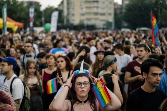 People take part in the 11th Gay Pride Parade in downtown Sofia on June 9, 2018, as gays, lesbians and transsexuals march through Bulgarian capital to protest against discrimination against homosexuals and improve their integration in the society. - Thousands of people took to the streets to support LGBT rights in cities across Europe on June 9, 2018, with marchers waving rainbow flags and condemning discrimination in all its forms. (Photo by Dimitar DILKOFF / AFP)        (Photo credit should read DIMITAR DILKOFF/AFP/Getty Images)
