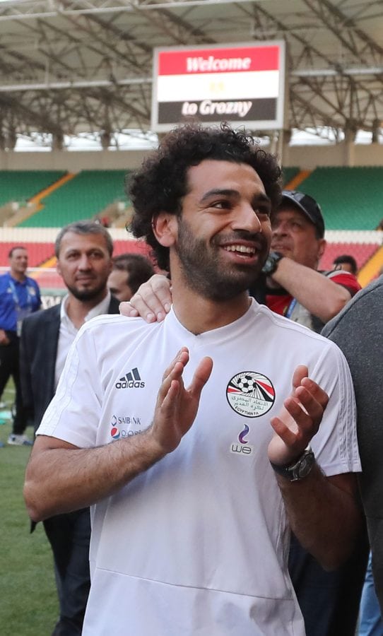 Egyptian national team football player and Liverpool's star striker Mohamed Salah (2ndR) and head of the Chechen Republic Ramzan Kadyrov (2ndL) pose during a training of Egyptian team at the Akhmat Arena stadium in Grozny on June 10, 2018, ahead of the Russia 2018 World Cup. - Egypt's national football team will use the venue as their base camp training site. (Photo by KARIM JAAFAR / AFP) (Photo credit should read KARIM JAAFAR/AFP/Getty Images)