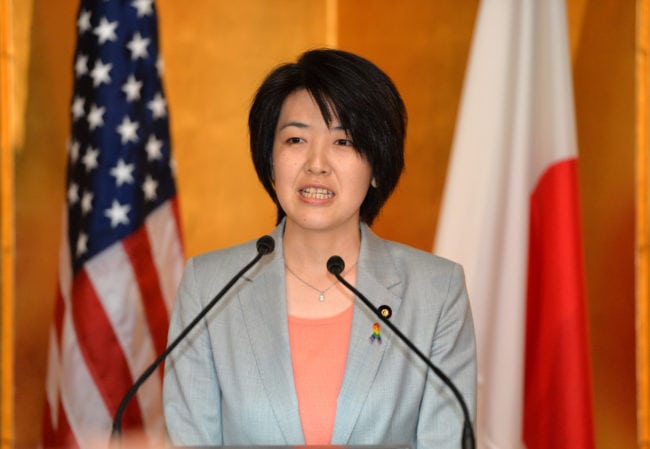 Japan's first gay lawmaker Kanako Otsuji speaks at a reception at the US ambassador's residence in Tokyo on June 7, 2013. Some 200 supporters of the lesbian, gay, bisexual and transgender community (LGBT) gathered at the reception to celebrate the start of the LGBT pride month in the United States.   AFP PHOTO / Yoshikazu TSUNO        (Photo credit should read YOSHIKAZU TSUNO/AFP/Getty Images)