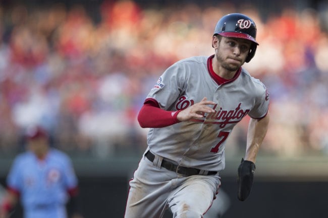 PHILADELPHIA, PA - JUNE 28: Trea Turner #7 of the Washington Nationals runs to third on his way to scoring a run in the top of the second inning against the Philadelphia Phillies at Citizens Bank Park on June 28, 2018 in Philadelphia, Pennsylvania. (Photo by Mitchell Leff/Getty Images)