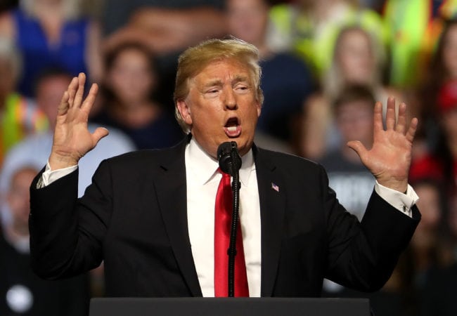 GREAT FALLS, MT - JULY 05: U.S. president Donald Trump speaks during a campaign rally at Four Seasons Arena on July 5, 2018 in Great Falls, Montana. President Trump held a campaign style 'Make America Great Again' rally in Great Falls, Montana with thousands in attendance. (Photo by Justin Sullivan/Getty Images)