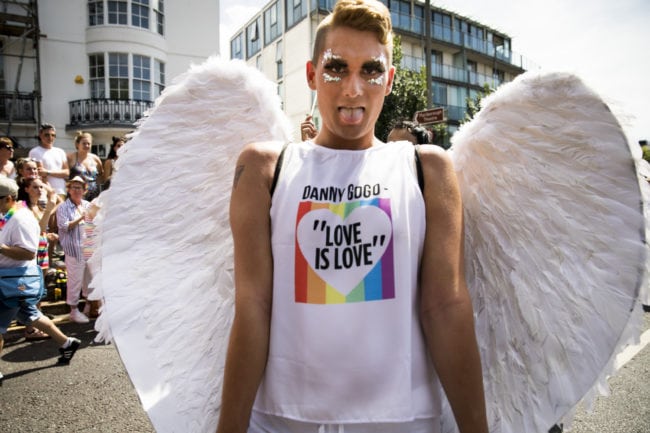 BRIGHTON, ENGLAND - AUGUST 04: Danny Gogo attends the parade during Brighton Pride 2018 on August 4, 2018 in Brighton, England. (Photo by Tristan Fewings/Getty Images)