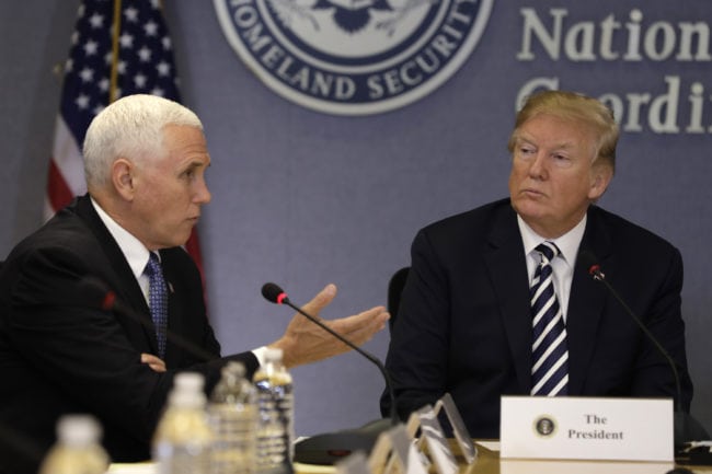 WASHINGTON, DC - JUNE 6: (AFP OUT) U.S. President Donald Trump and Vice President Mike Pence attend a 2018 Hurricane Briefing at the Federal Emergency Management Agency Headquarters (FEMA) on June 6, 2018 in Washington, DC. (Photo by Yuri Gripas - Pool/Getty Images)