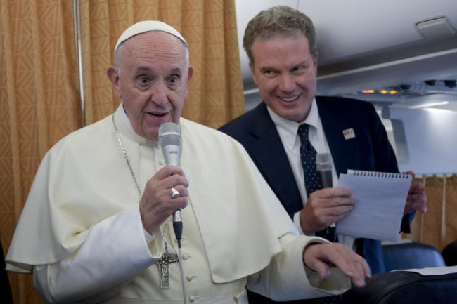 Pope Francis talks with journalists aboard a plane, at the end of his visit to Geneva on June 21, 2018, for the 70th anniversary of the World Council of Churches. - Pope Francis came at the invitation of the World Council of Churches (WCC), which was created in 1948 and groups 350 Protestant, Orthodox and Anglican churches from more than 100 countries around the world, with around half a billion believers among them. (Photo by Ciro FUSCO / POOL / AFP)        (Photo credit should read CIRO FUSCO/AFP/Getty Images)
