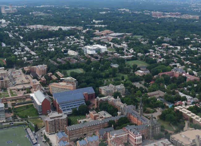 Aerial view of the Georgetown University complex (foreground) and the Georgetown neighborhood in Washington, DC on Independence Day July 4,2018. (Photo by Eva HAMBACH / AFP)        (Photo credit should read EVA HAMBACH/AFP/Getty Images)